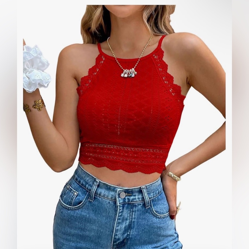 WDIRARA Women's Eyelet Halter Crop Top Lace Embroidery Slim Fitted Tops size M